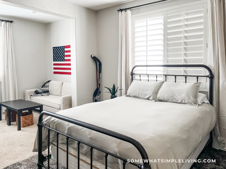 teen boy's bed with beige bedding