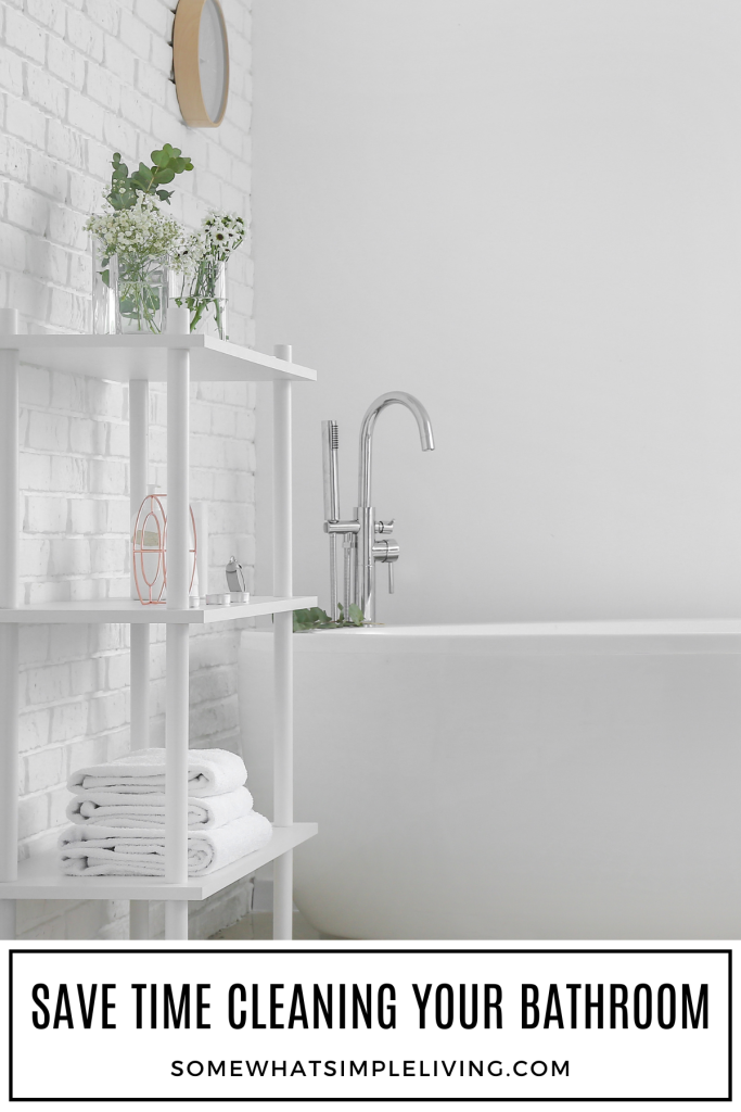 long image of a white bathtub next to a white shelf