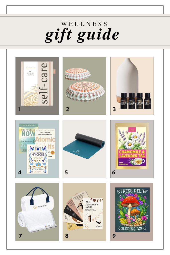 Collage of images showing gift ideas for mindfulness and wellness