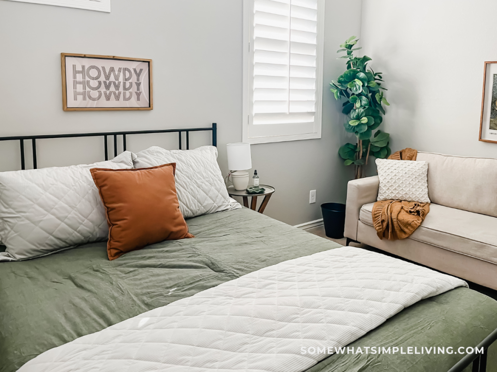 close up of a guest room bed