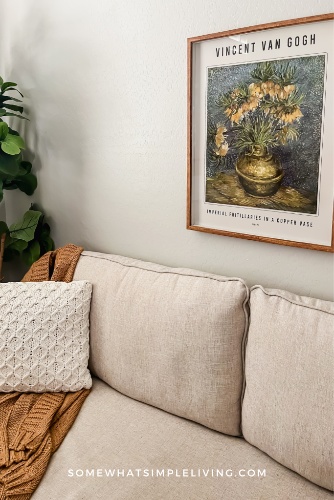 close up of a couch, plant, and framed artwork in a guest room