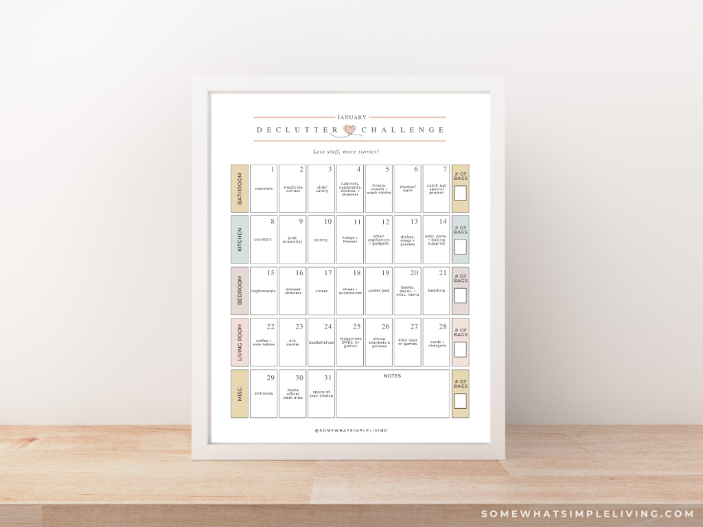 framed declutter challenge calendar on a counter 