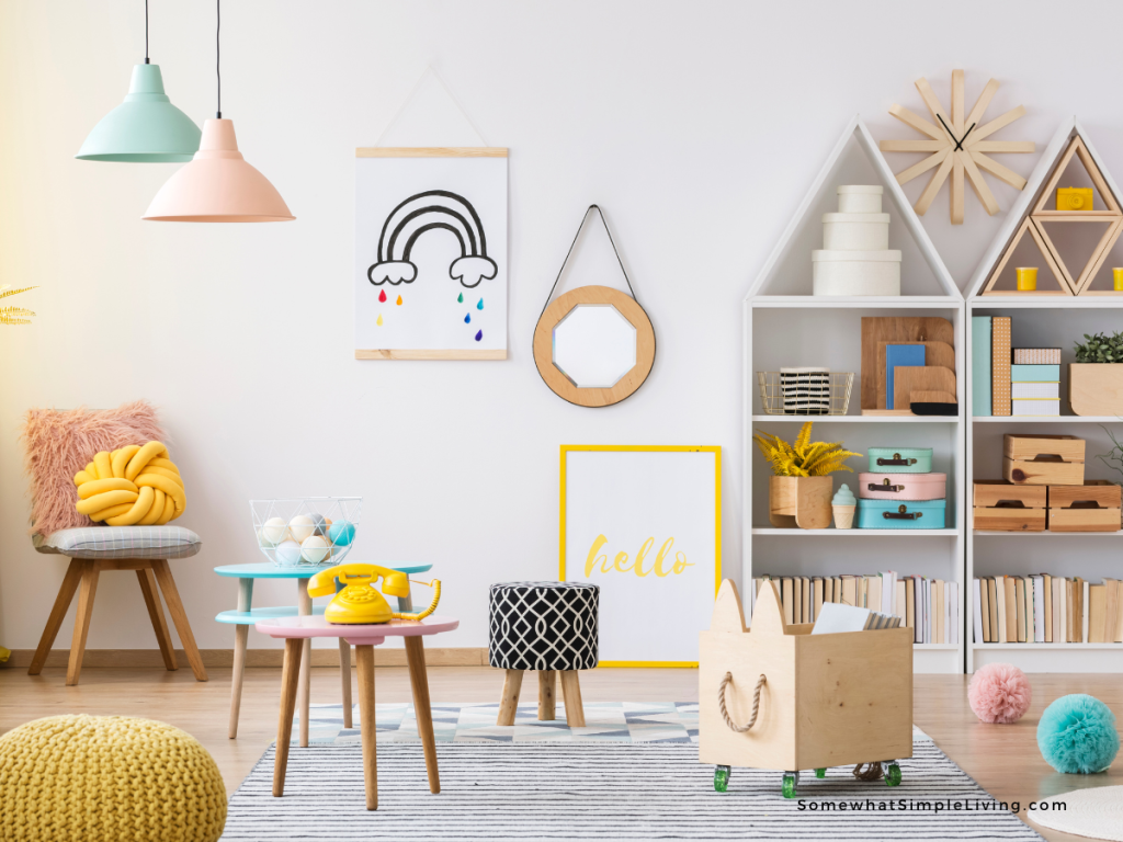 light pastel playroom with organized toys