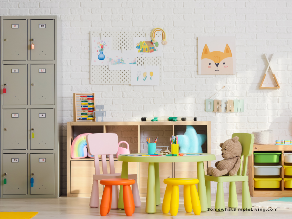 brightly colored playroom with a table and chairs