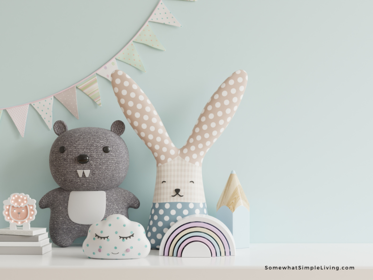 close up of an arrangement of stuffed animals in a colorful playroom