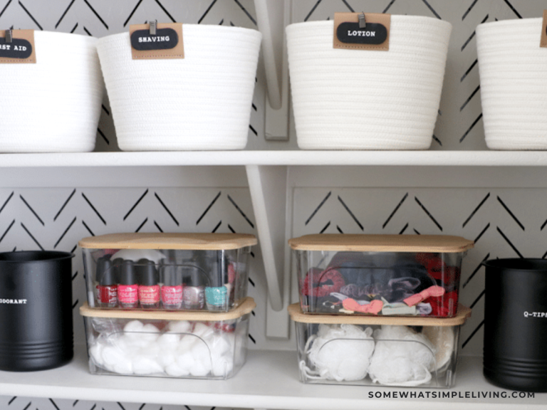 an organized bathroom closet with a close up of nail polish and hair accessories