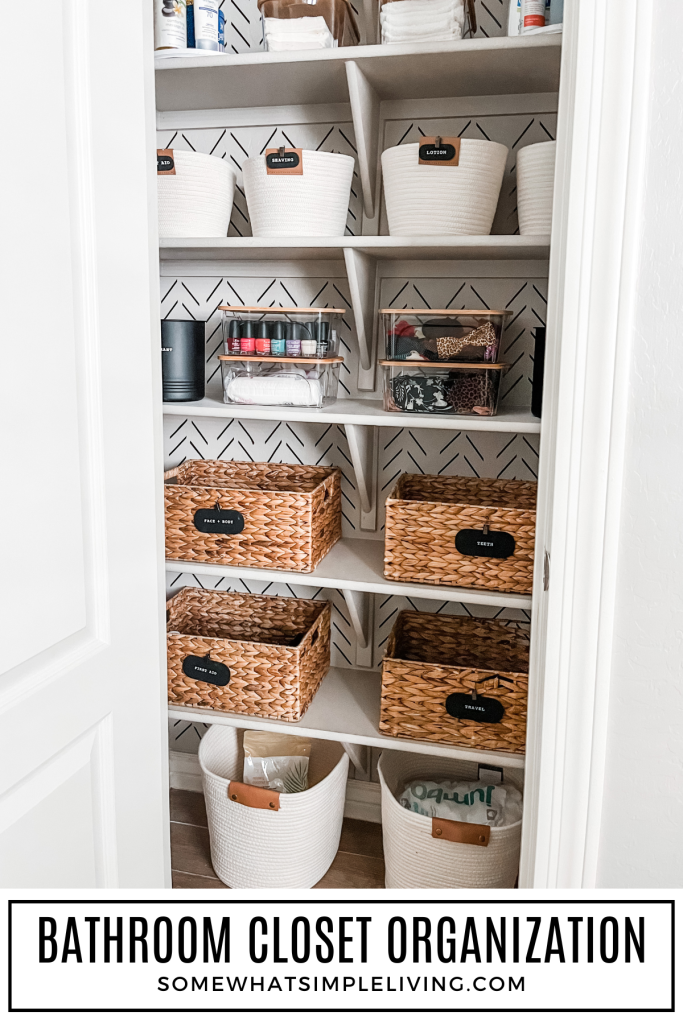 long image of an organized bathroom closet