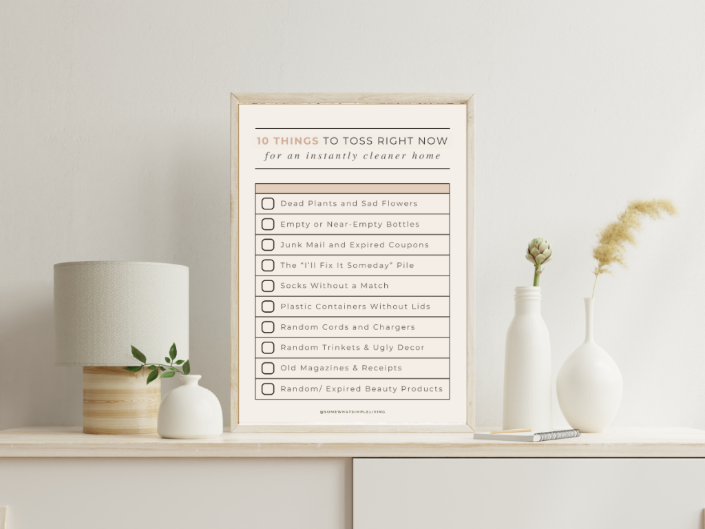 Framed checklist on a shelf with simple decor