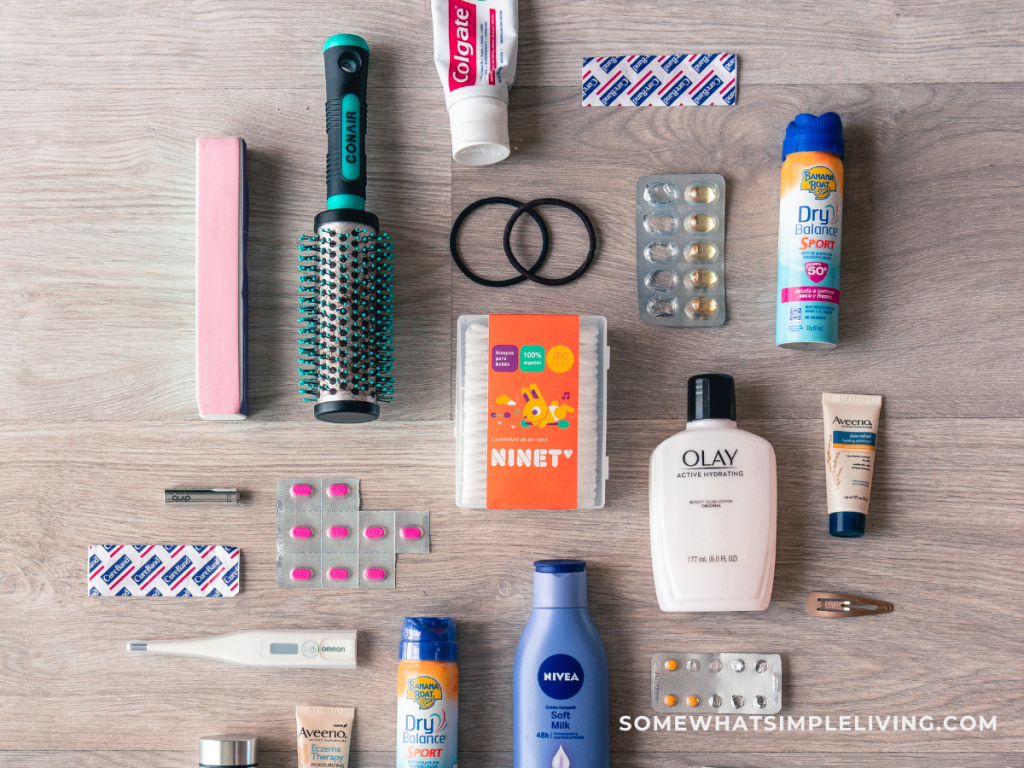 toiletries laid out on the counter