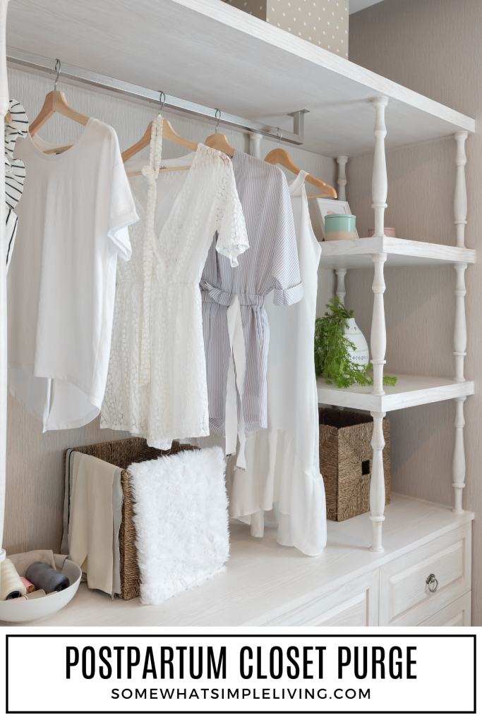 classic natural-colored clothes hanging in a closet with a text overlay about a postpartum closet declutter