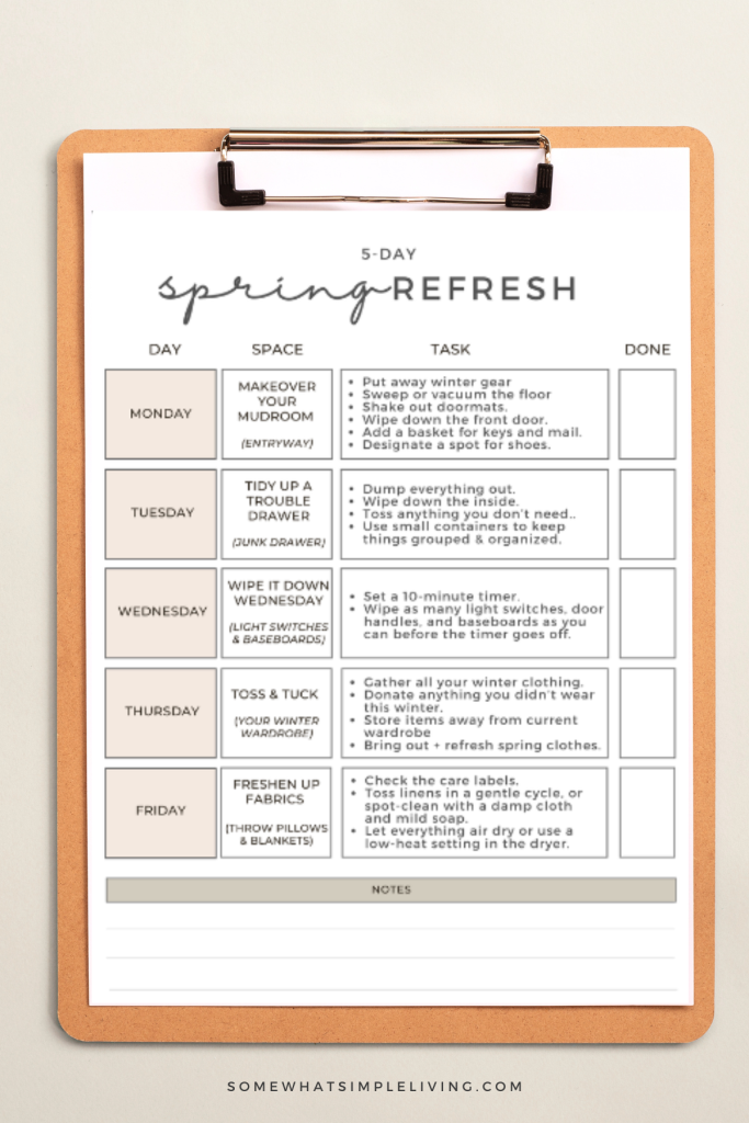 clipboard with printable spring refresh checklist
