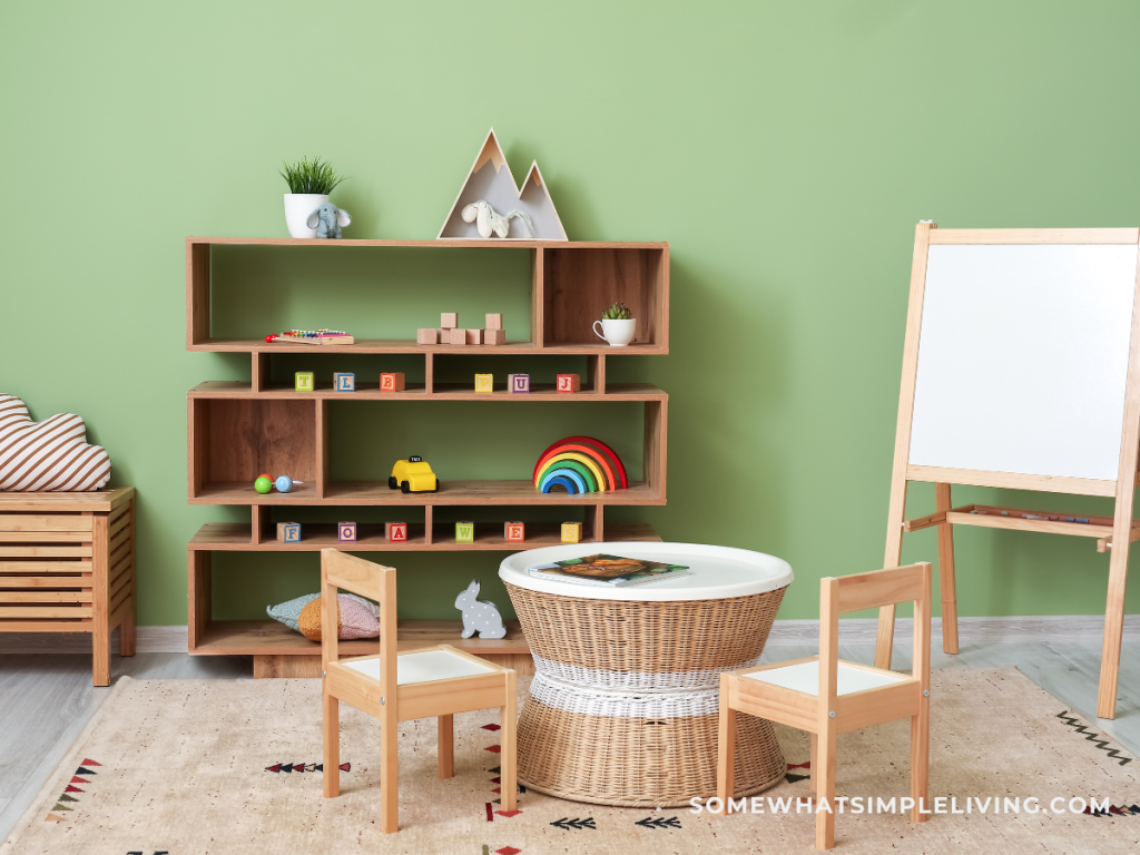 green playroom with wooden toys