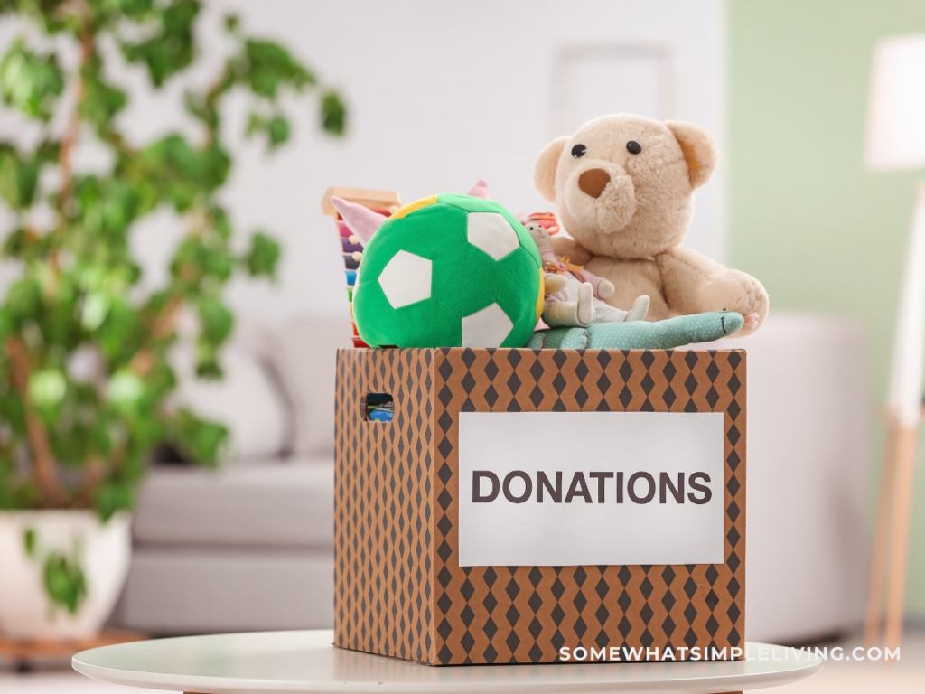 box of toys with a label "donation" on the box