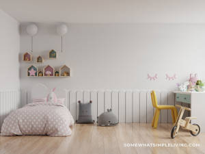 child's bedroom with organized toys