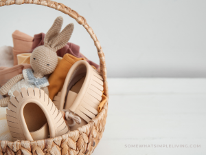 brown basket full of kids' stuff