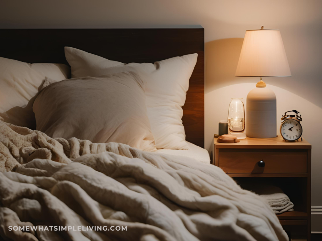 Productive Night Routine showing a bed with a lamp on a bedside table