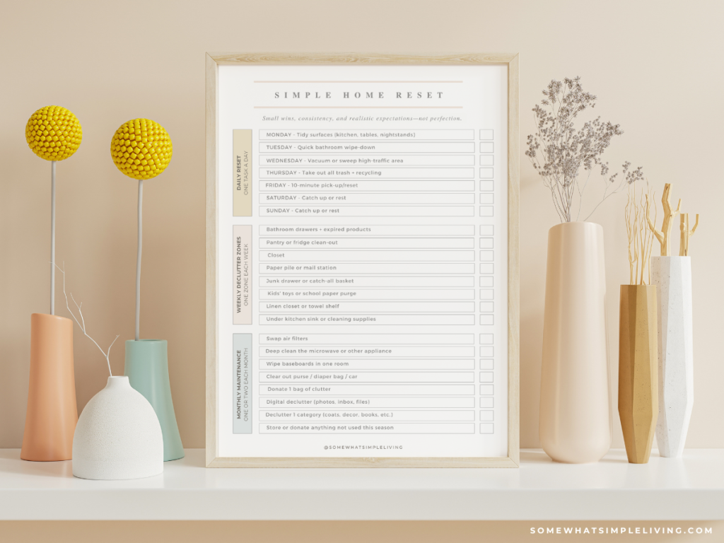 framed checklist for a simple home reset, with daily, weekly, and monthly to-dos
