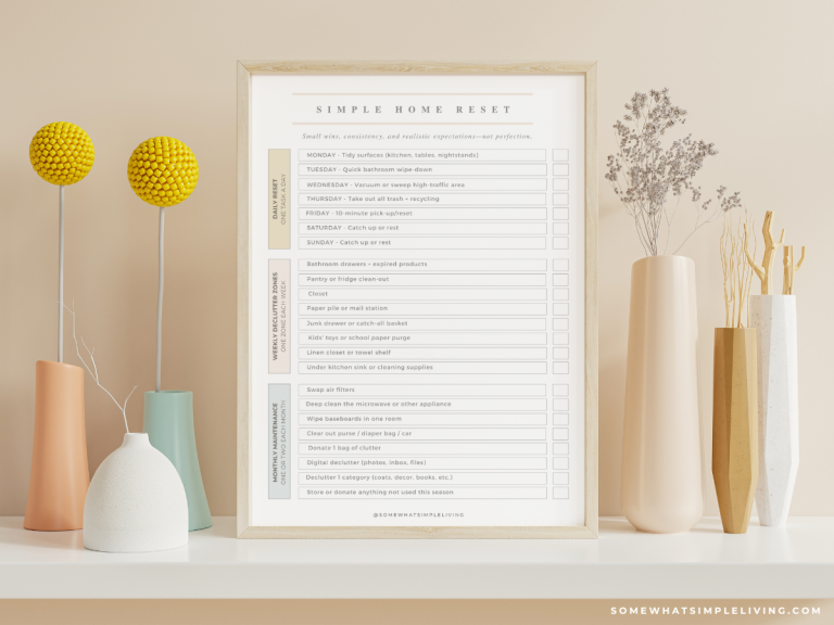framed checklist for a simple home reset, with daily, weekly, and monthly to-dos