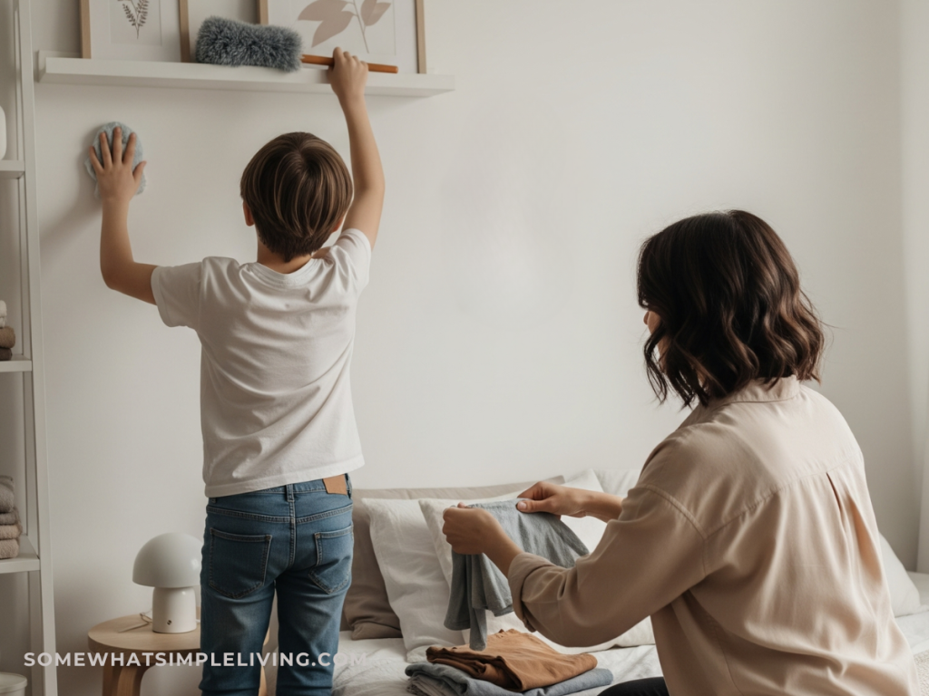 mom and son cleaning a bedroom
