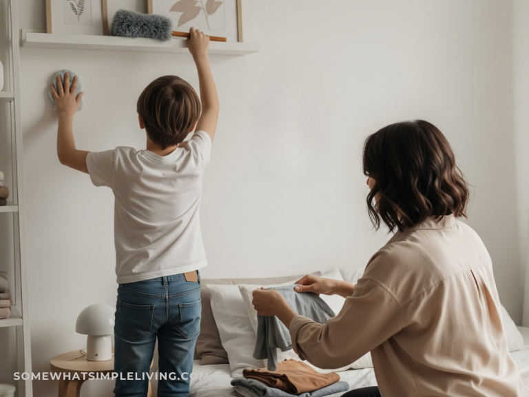 mom and son cleaning a bedroom