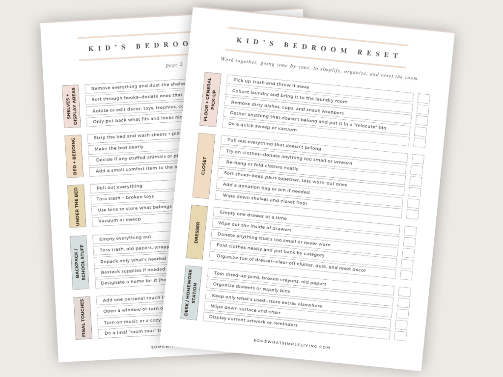 two checklists with the steps to reset a bedroom