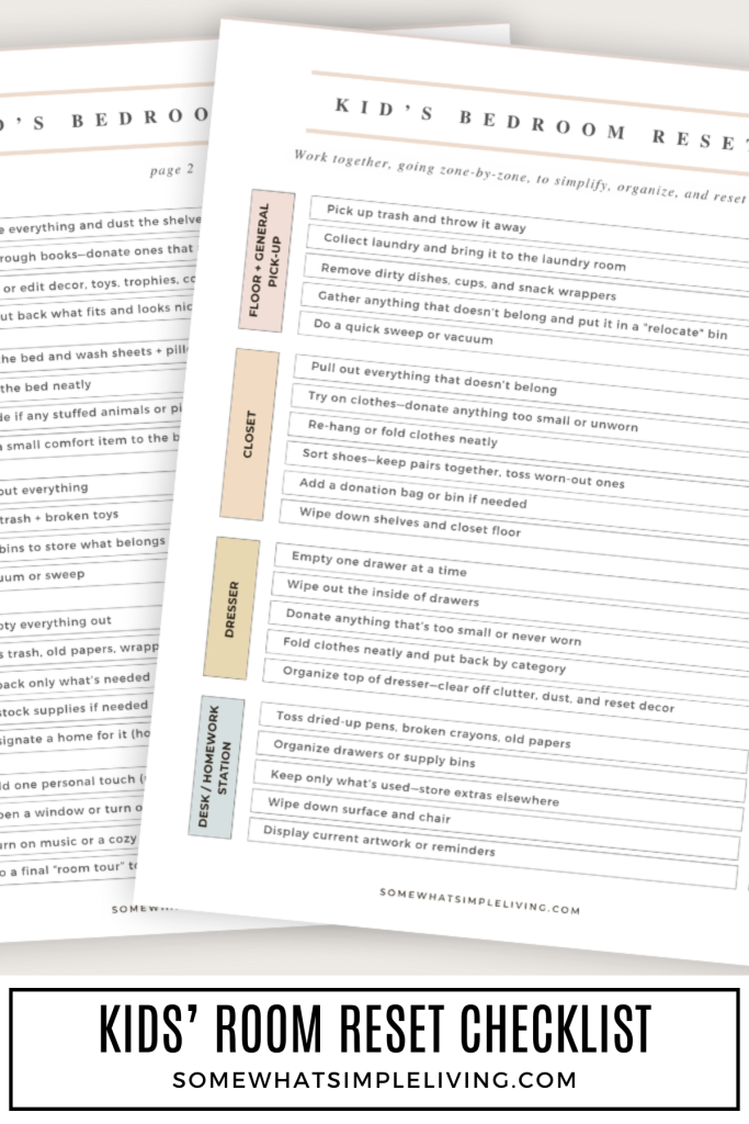 long image of a checklist printable to reset a kids room