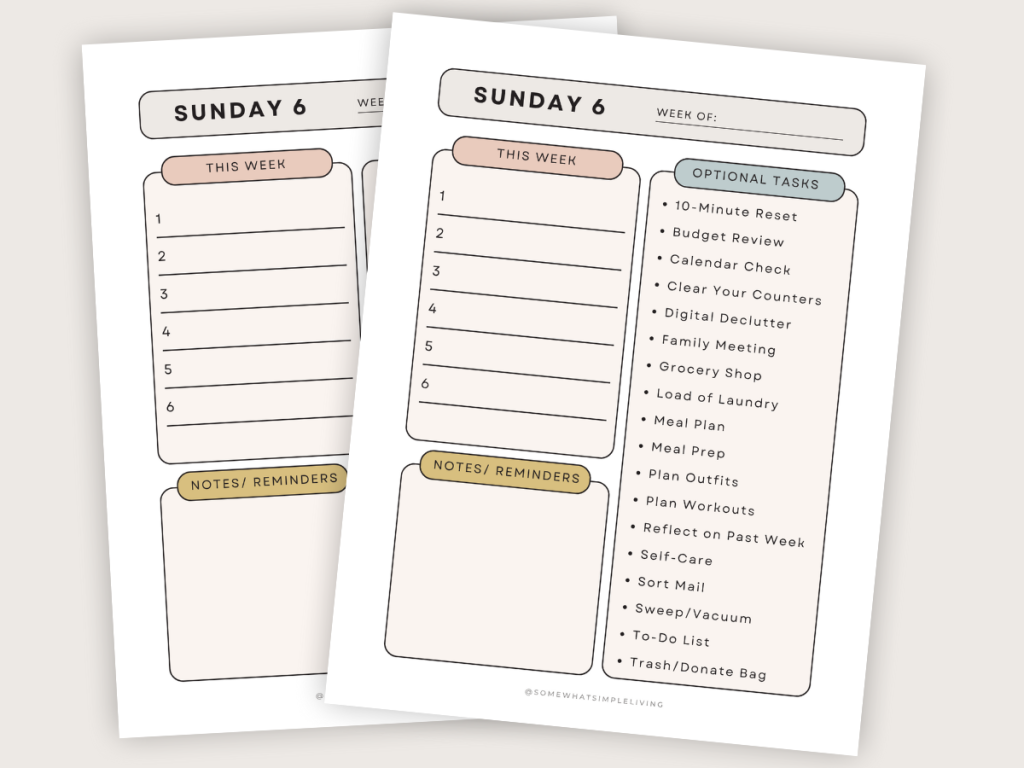 2 Printable Sheets with a Sunday 6 Chekclist