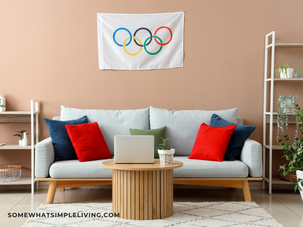 Couch with an olympic flag hanging on it