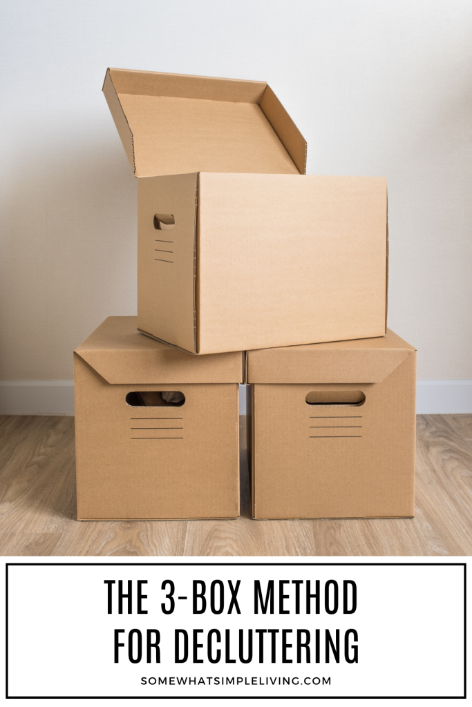 long image of 3 brown boxes to help declutter