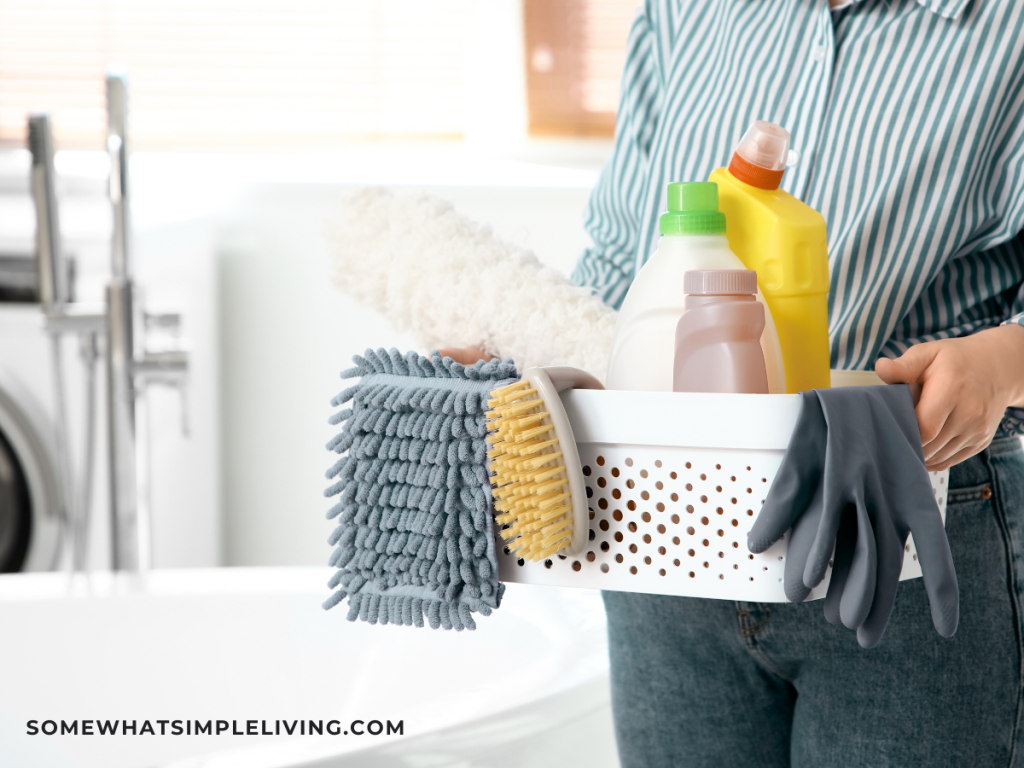 woman holding cleaning supplies in the bathroom