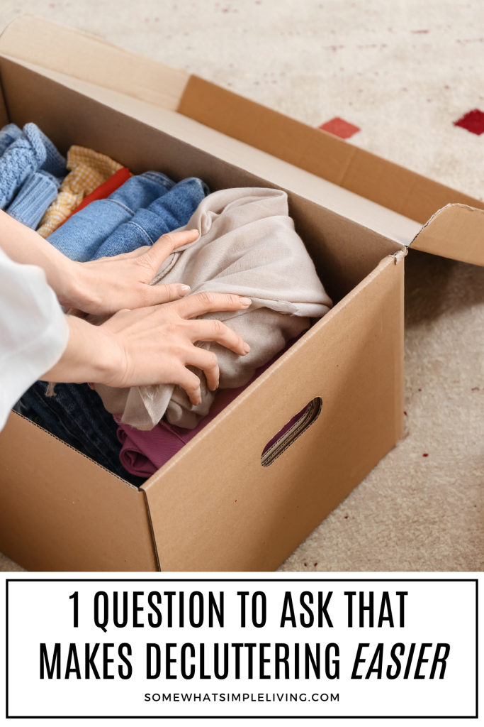 long image of woman decluttering clothes in a box