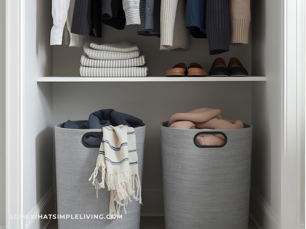2 full baskets of clothes at the bottom of a closet