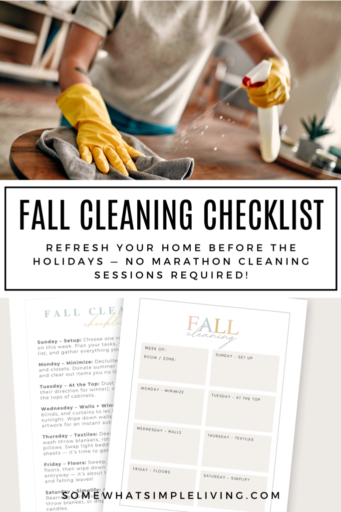 collage of images showing a fal cleaing checklist and a picture of a woman cleaning a wood table