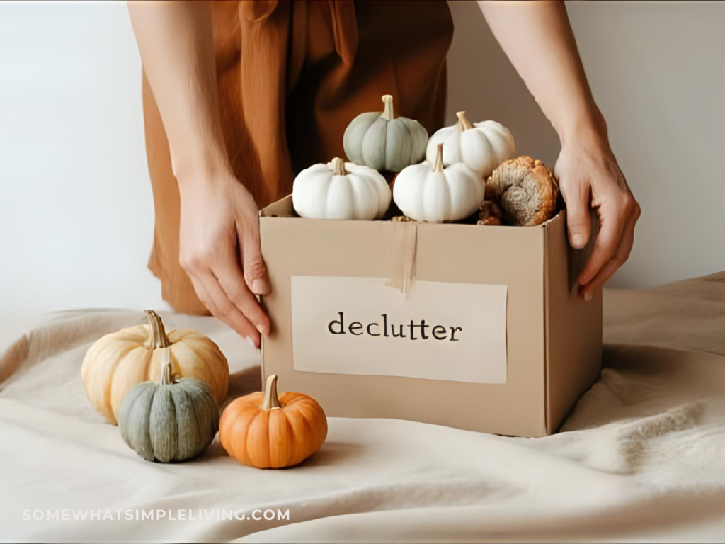 womans hands adding fall decor in a box labeled "declutter"