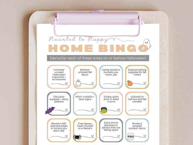 halloween home declutter bingo on a clipboard