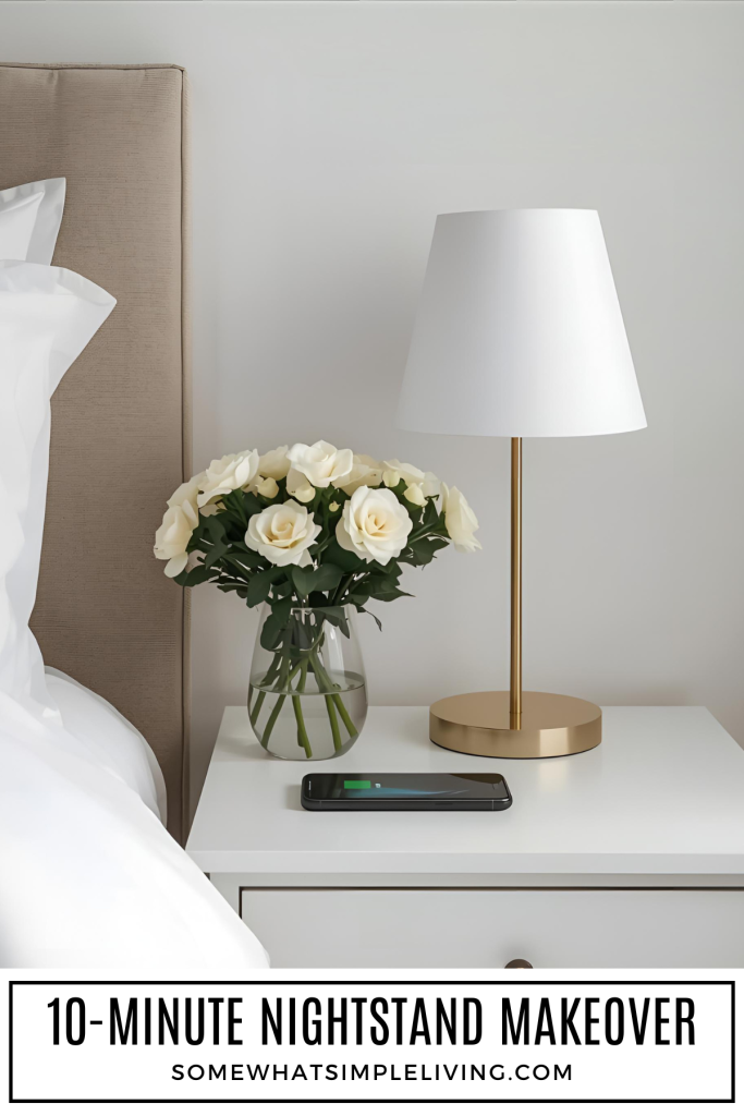 long image of a simplified nightstand with a lamp, fresh flowers, and a charging cell phone
