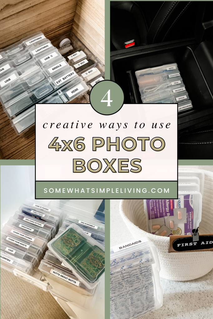 collage of images showing how to organize 4 spaces in your home using plastic photo boxes
