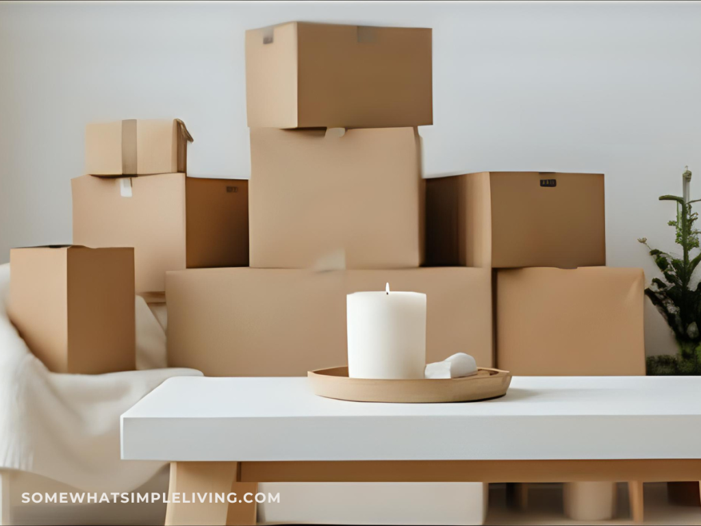 moving boxes in the background, lit candle on small table