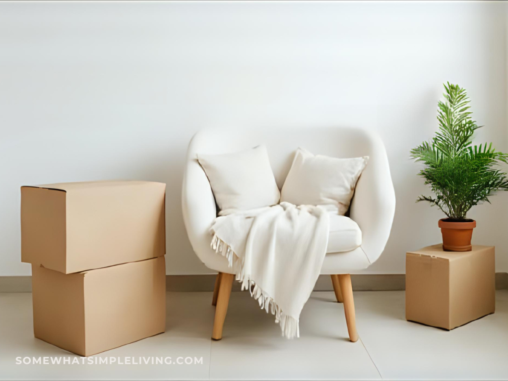 cozy chair with throw blanket next to tall plant