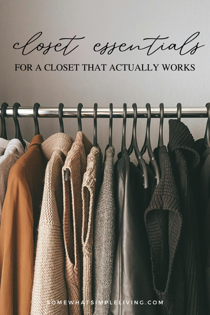 Long image of clothes hanging in a closet with a text overlay