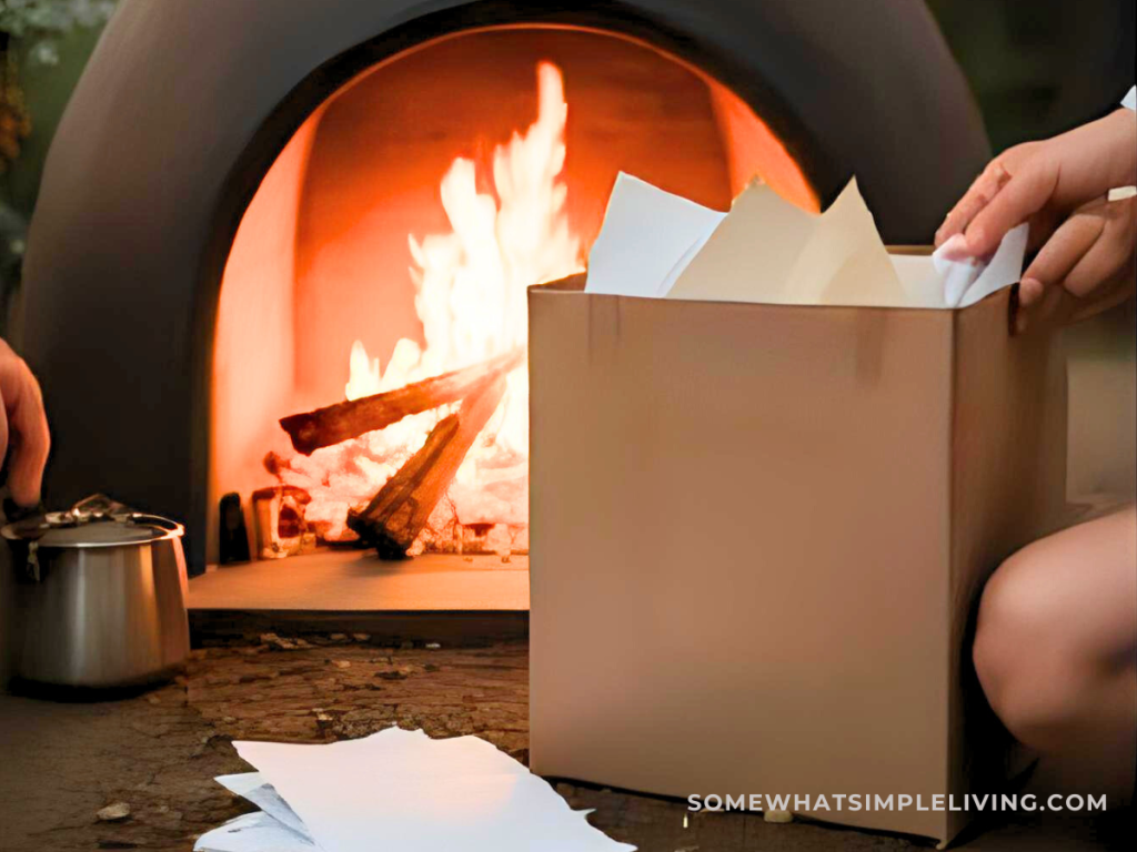 outdoor fireplace with a box of papers being burned