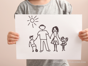 child holding a drawn picture of their family