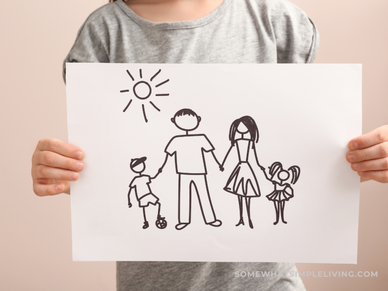 child holding a drawn picture of their family