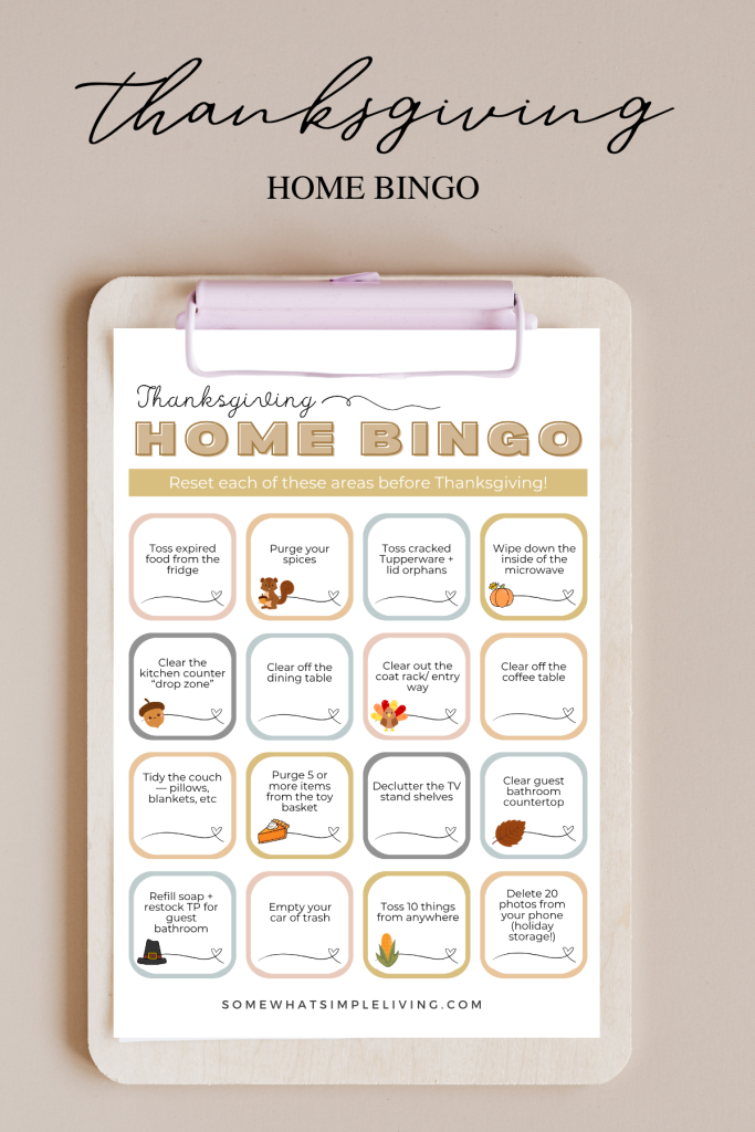 long image of a thanksgiving bingo card clipped to a clipboard