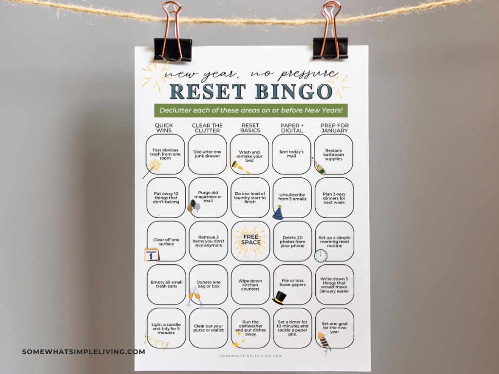 printed new year bingo card hanging on a clothesline