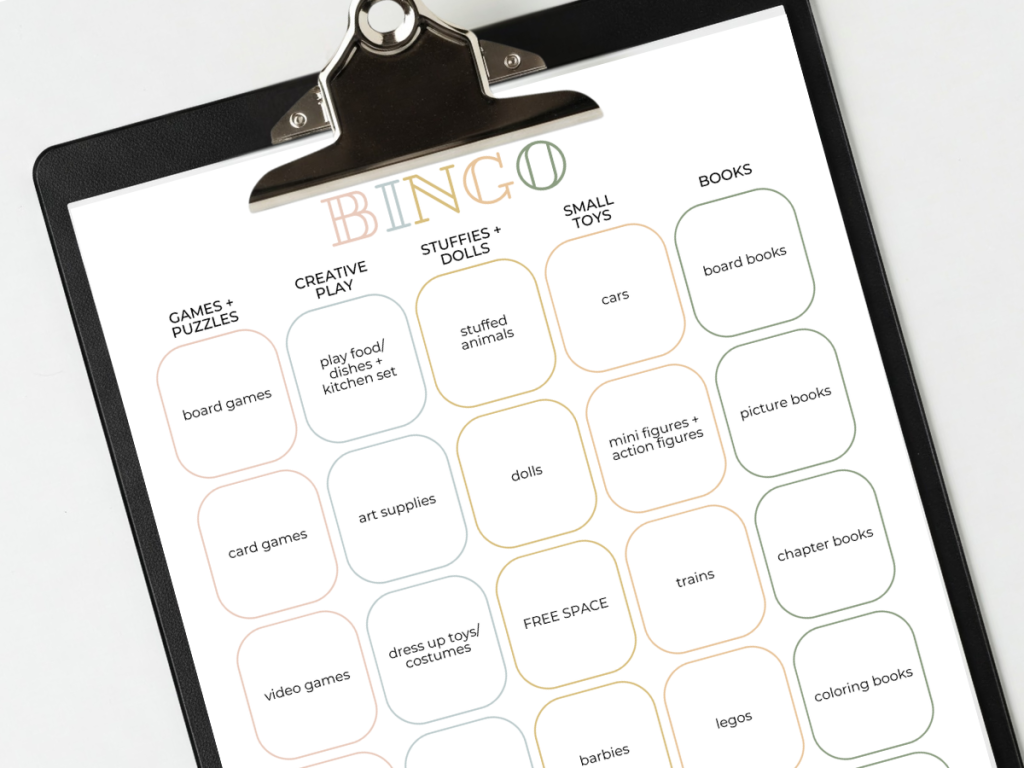 Toy Toss Bingo on a black clipboard