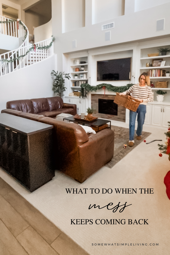 Woman with basket in the family room picking up toys