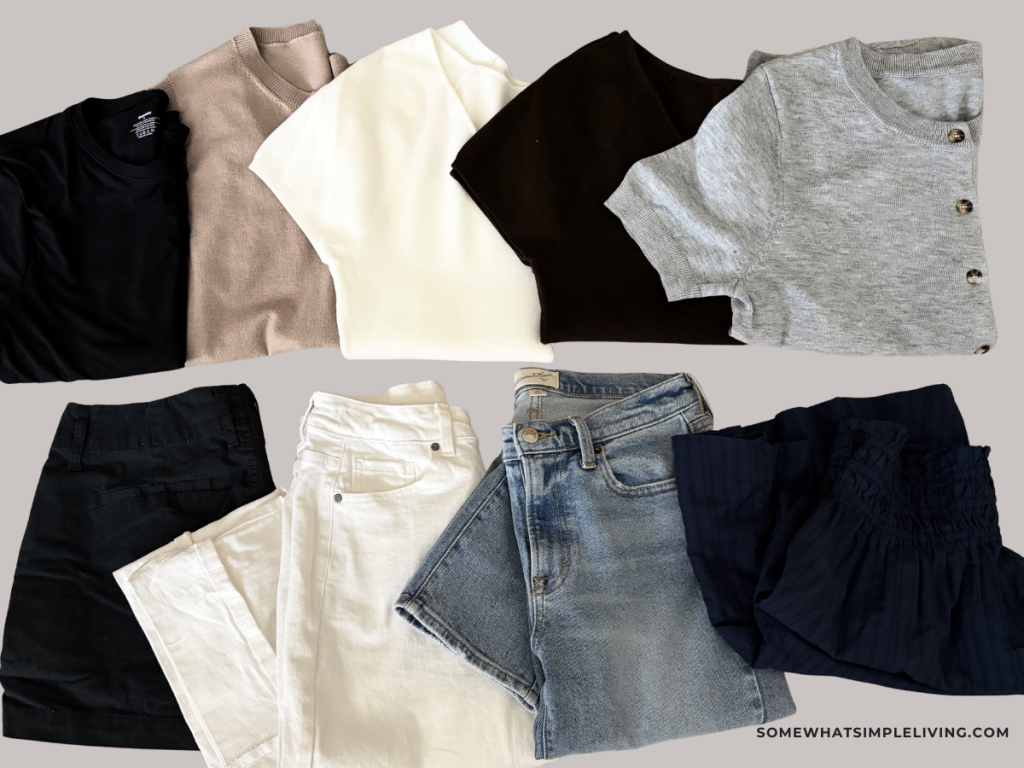 5 shirts laid out with 4 bottoms