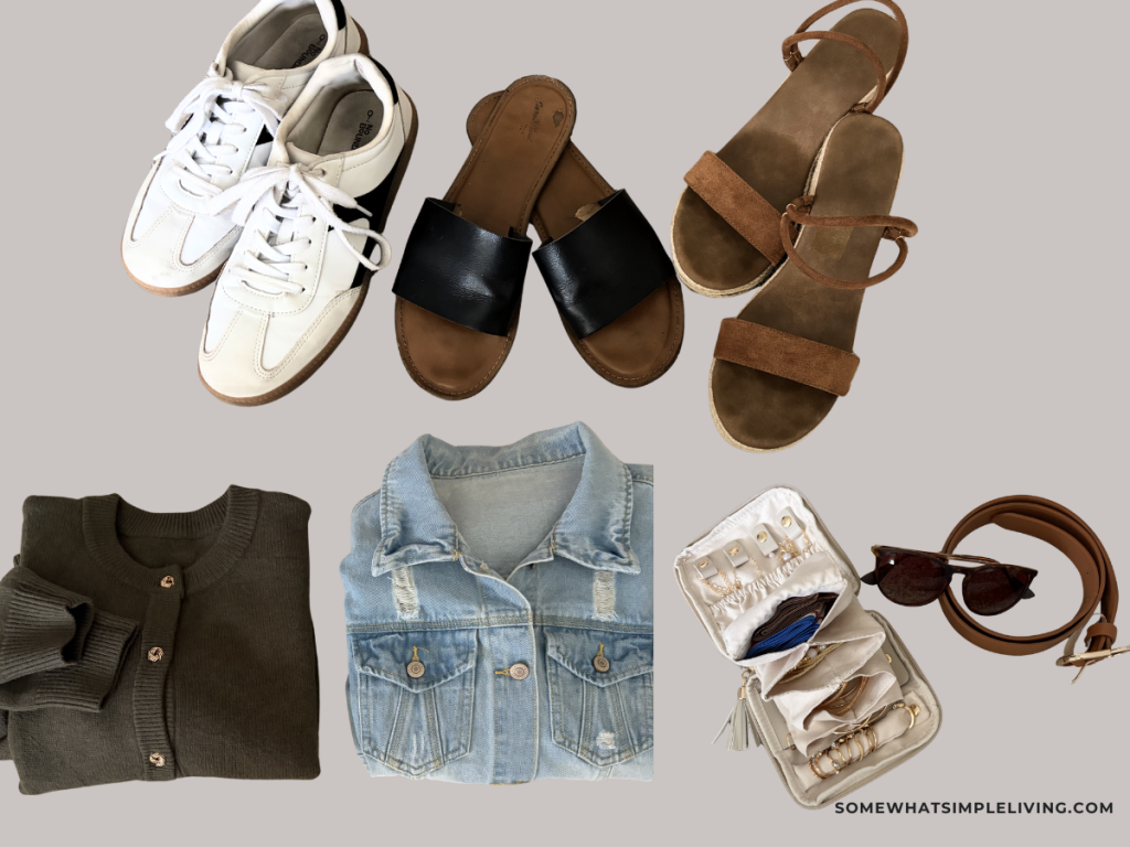 3 pairs of shoes laid out with 2 layers and 1 set of accessories