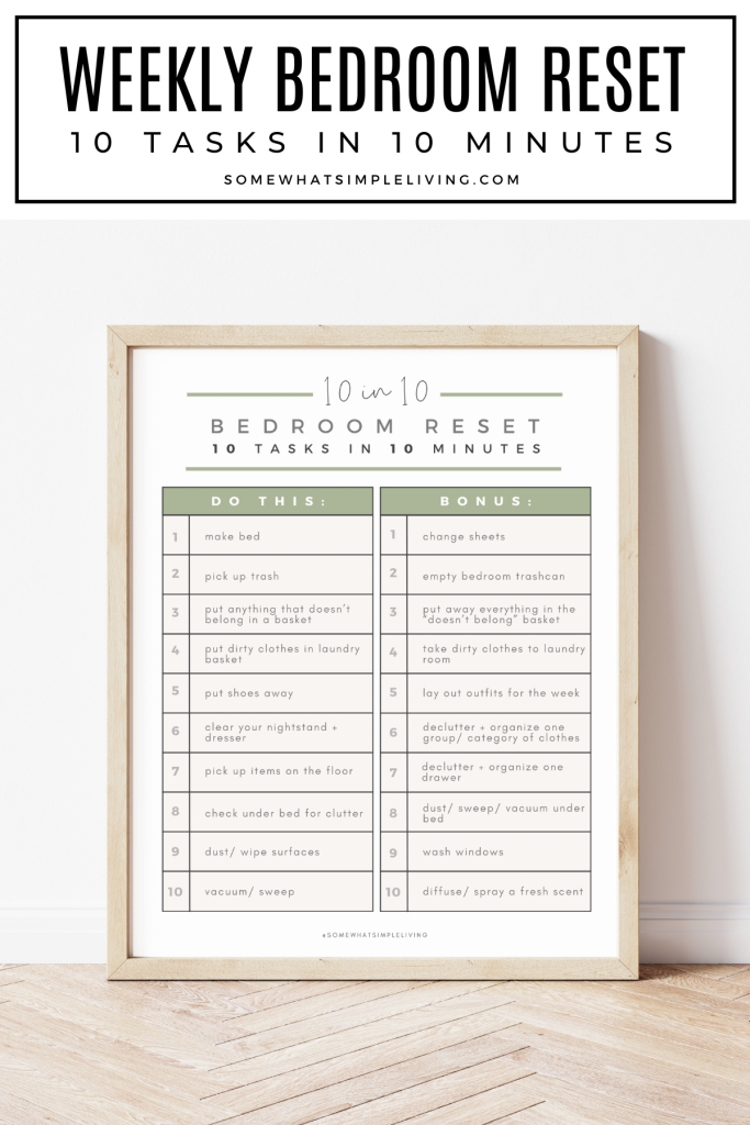 long image of a bedroom checklist in a frame